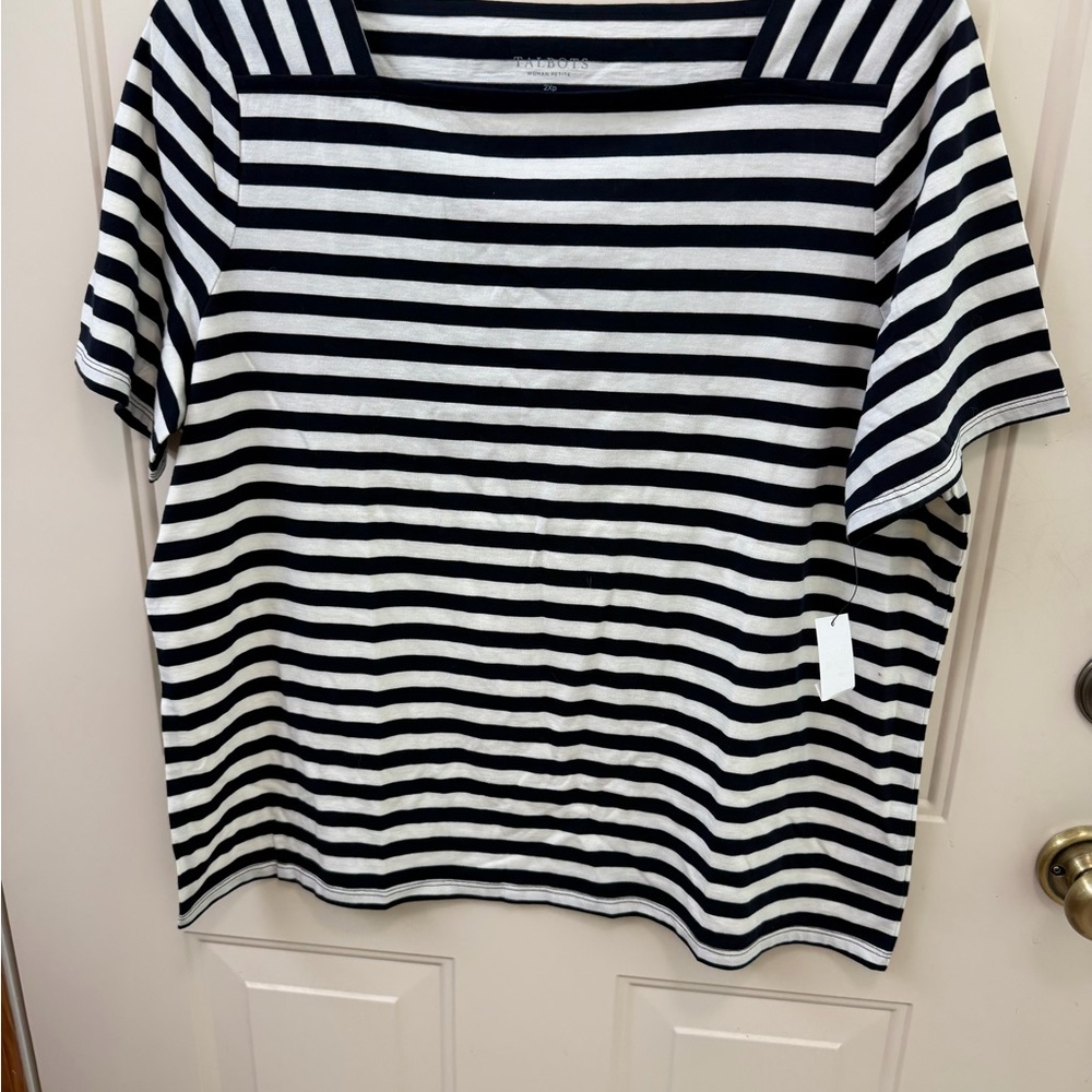 Talbots Navy and White Striped Short Sleeve Top